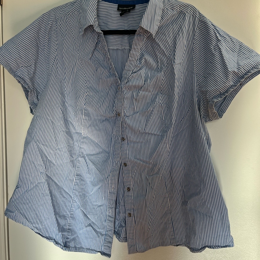 Lane Bryant Women Plus Size 24 Blue Striped Short Sleeve Button Up